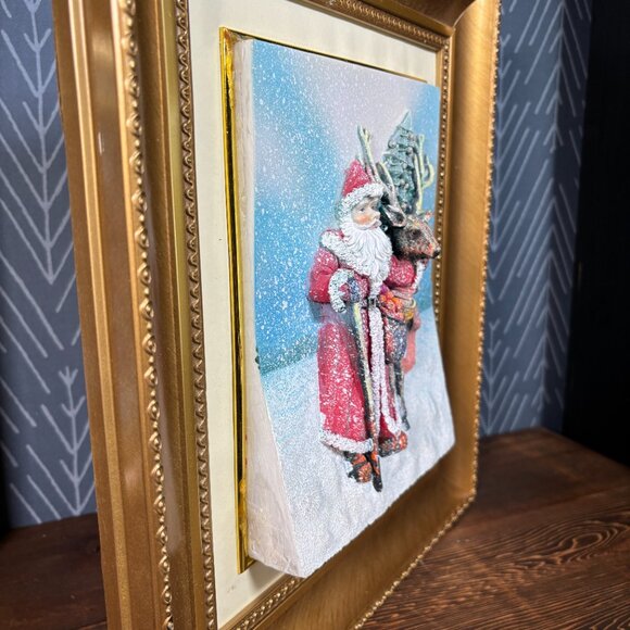 Vintage 3D Santa with Reindeer Framed Christmas Decor Textured Relief Wall Art - Picture 3 of 14